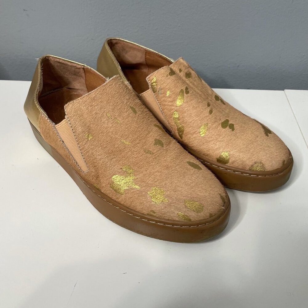 FREE PEOPLE Tan/Gold Calf Hair Varsity Slip-On Sneakers sz 39/US 9